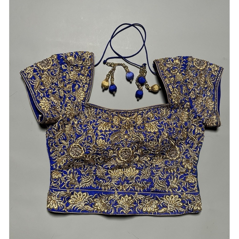 Women's Blue & Gold Embroidered Choli Blouse Top, Tie-Back Tassels
